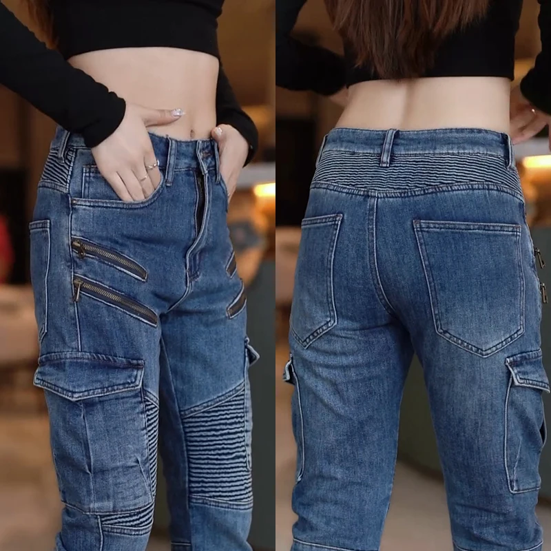 

Мужские джинсы в американском стиле, повседневные, облегающие, длинные брюки, модные, индивидуальные, с множеством карманов, для отдыха, мужские брюки в стиле пэчворк