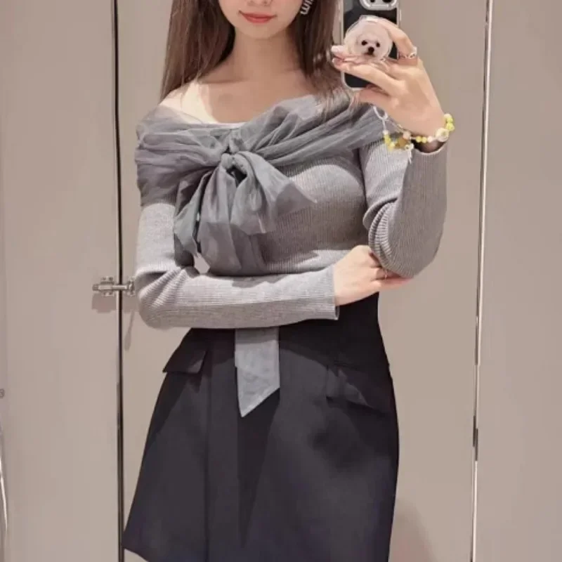 LACE-up Bow Ropa Mujer Elegantถัก 2024 เสื้อกันหนาวผู้หญิงญี่ปุ่นแขนยาวOuterwearsฤดูใบไม้ร่วงเสื้อผ้าผู้หญิงหวานPullovers