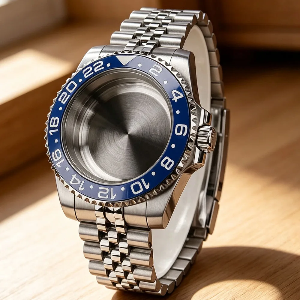 Silver 40MM Diver Watch Case Sapphire Glass For GMT NH35 NH36 NH34 ETA 2824 Miyota 8215 Movt Good Quality Stainless Steel Strap
