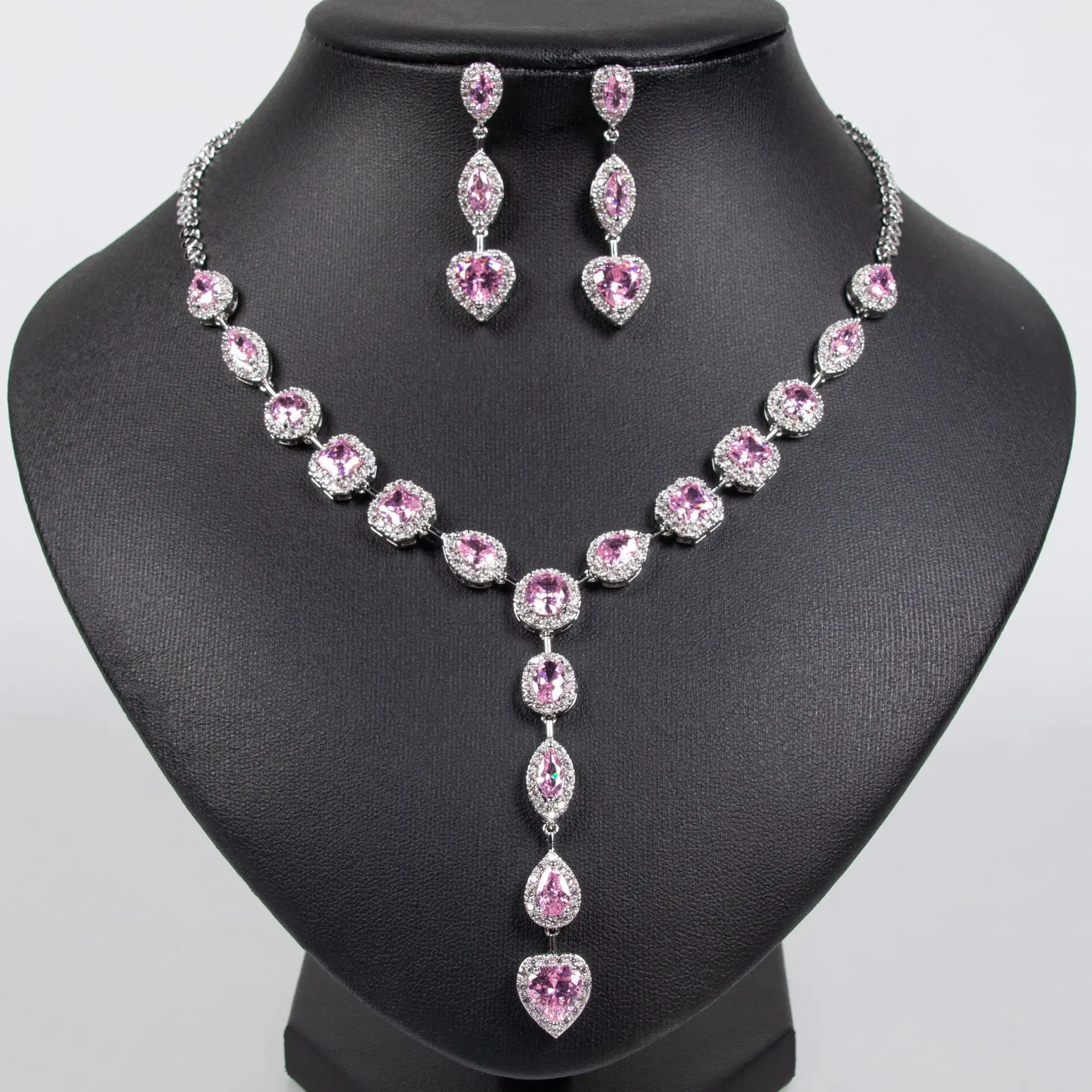 

Fashion Multi-color Pendant Jewellery Super Shiny Pink Heart Necklace Earrings Set Wedding Travel Party Prom Women's Gift M-602