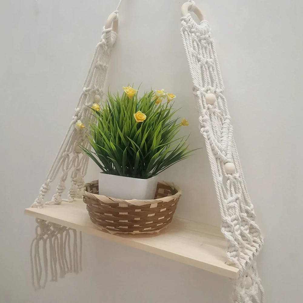 Macrame Appeso a parete Porta arazzi intrecciato a mano Scaffale in legno Cornice divisoria Porta piante Decorativo bohémien