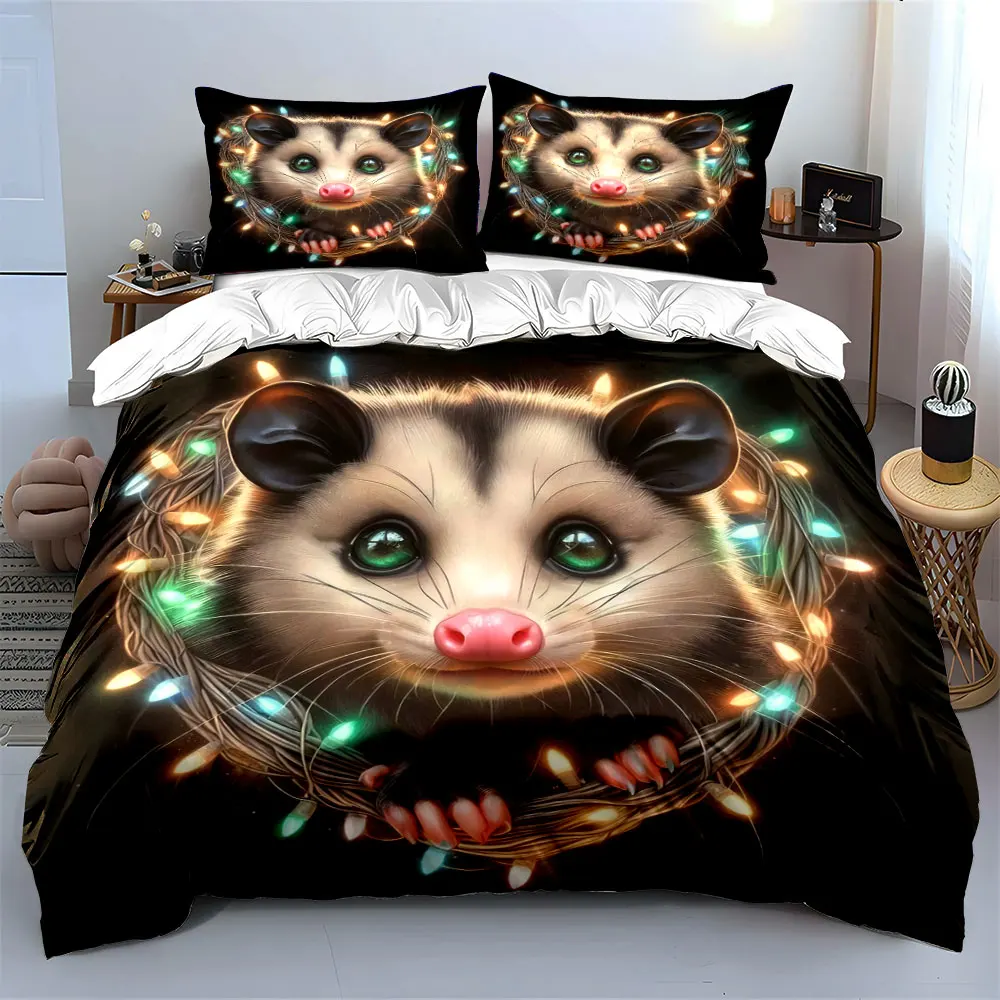 Adorable opossum surrounded by colorful light wreath Print Duvet Cover Bedding Set Included 1*Duvet Cover 2*Pillowcases