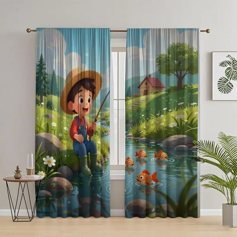 Cute Boy Fishing Cartoon Curtain, Countryside River Landscape Window Drapes Kids Room Nature Theme Decor for Bedroom Living Room