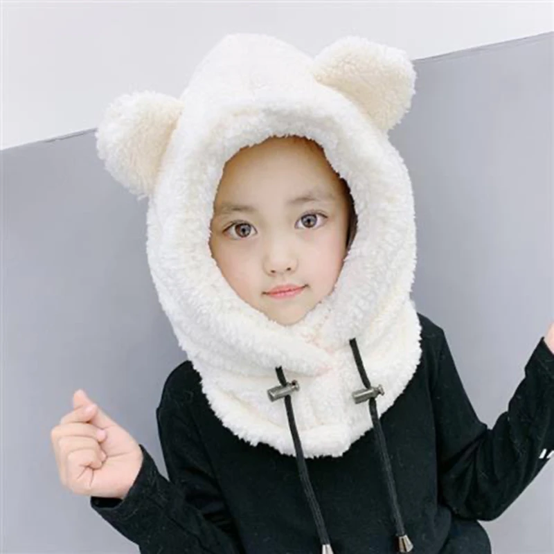 Winter Children Hat Scarf In One Plus Fleece Kids Warm Caps Parent-child Cartoon Windproof Hats For Girls Boys Earflap Cap