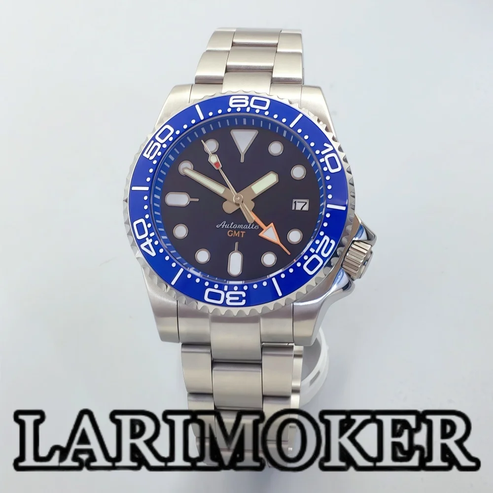 

LARIMOKER 40 мм GMT мужские автоматические механические часы NH34 Mvenment синий циферблат дата светящийся купол сапфировое стекло часы для дайвинга