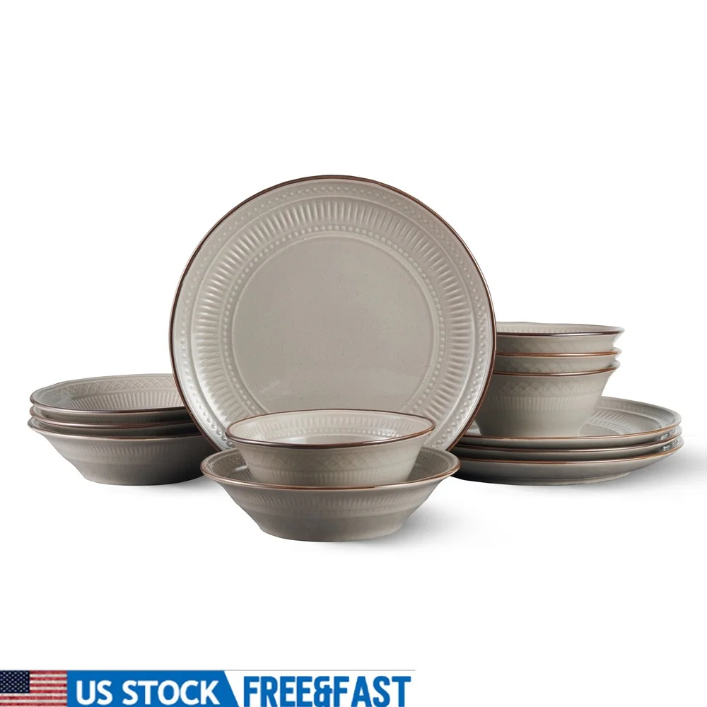 

12-Piece Stoneware Dinnerware Set Rustic Handcrafted Look Dishwasher Microwave Safe Unique Reactive Glaze Earthy Taupe Color
