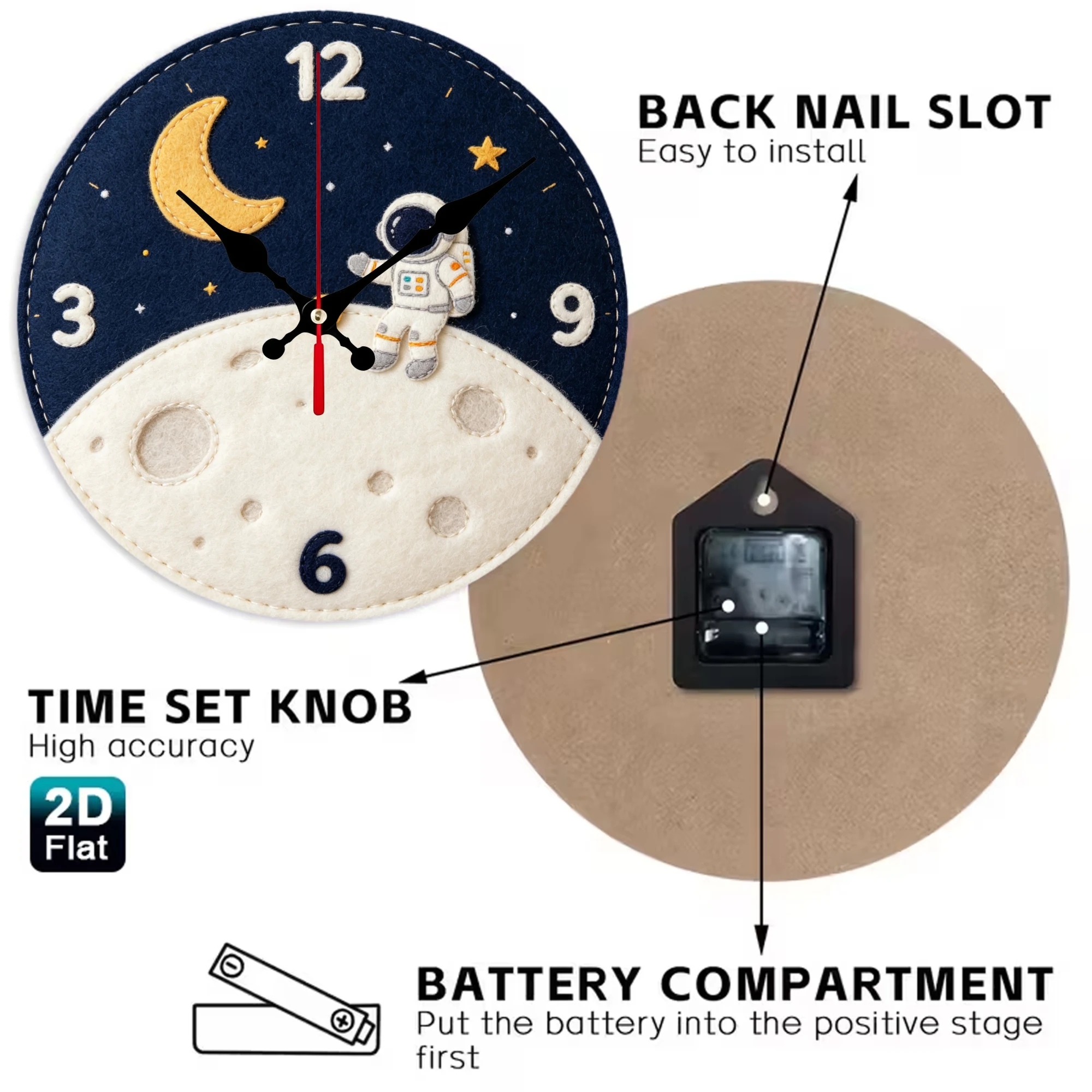 Cute Felt Patchwork Astronaut Wooden Wall Clock, 10/12 Inch Round Wood Clock, Silent Non Ticking Quartz Movement, Nursery Spaceman Crescent Moon Printed Home Decor
