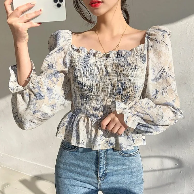 

Blouse Women 2025 New Small Sexy Sweet Square Collar Pleated Floral Design Sense Small Long Sleeve Shirt Women's Clothing