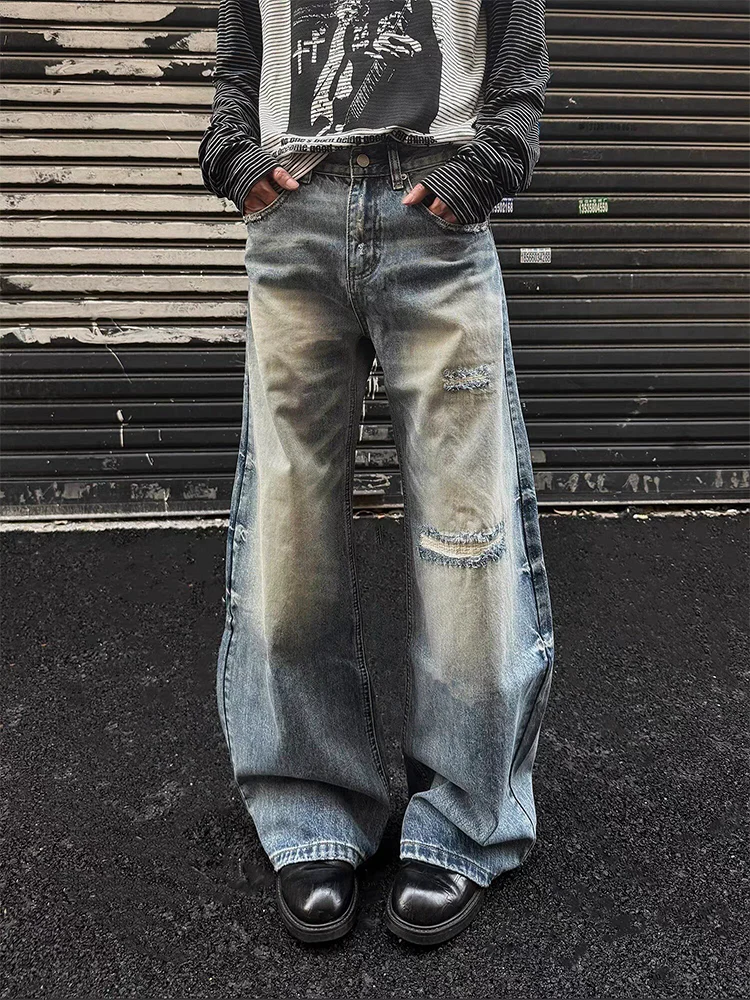 

Retro Washed Wide Leg Jeans Women's Autumn Winter Trendy Loose Casual Floor-Length Pants Whisker Design High Waist Denim