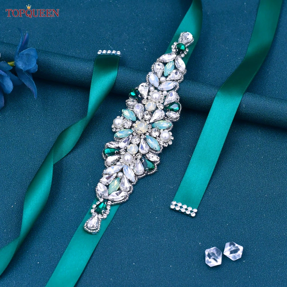 Topqueen S443 Luxe Groene Strass Bruids Riem Kralen Voor Formele Avondjurken Custom Diamond Decoratieve Sash Handgemaakte