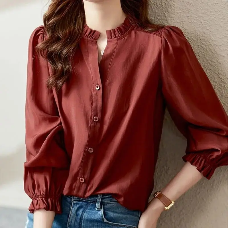 2023 Spring New Women\'s Clothing V-Neck Solid Color Long Sleeve Fashion Casual All-match Loose Temperament Thin Vintage Shirt