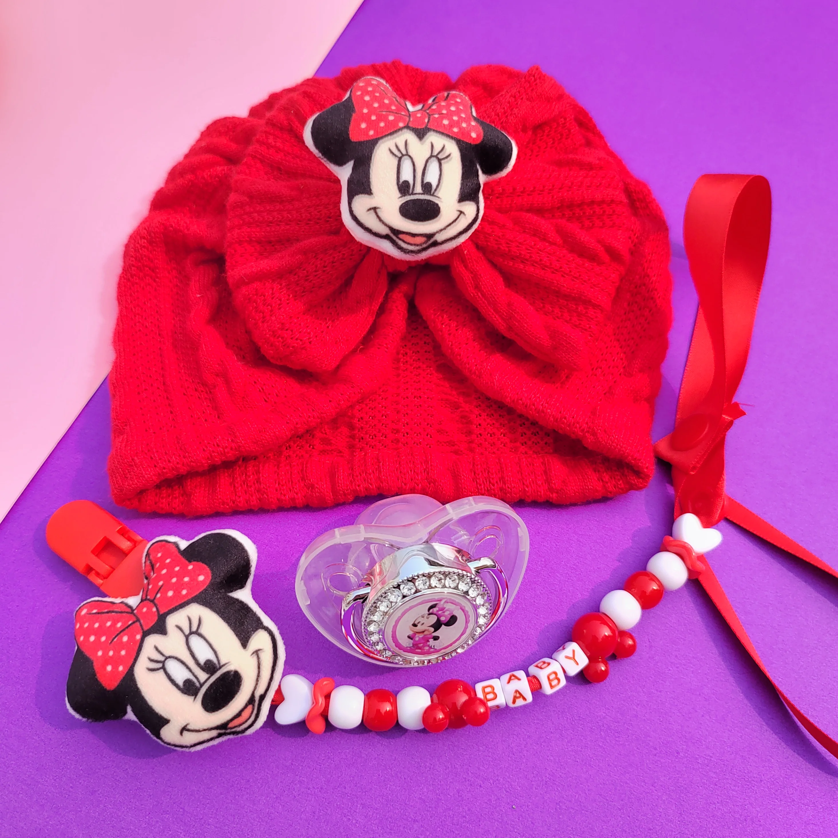 [Minnie Mouse] 2023 Disney Gold Glitter Pacifier and pacifier clip hat Warm decoration Baby silicone orthodontic nipple set