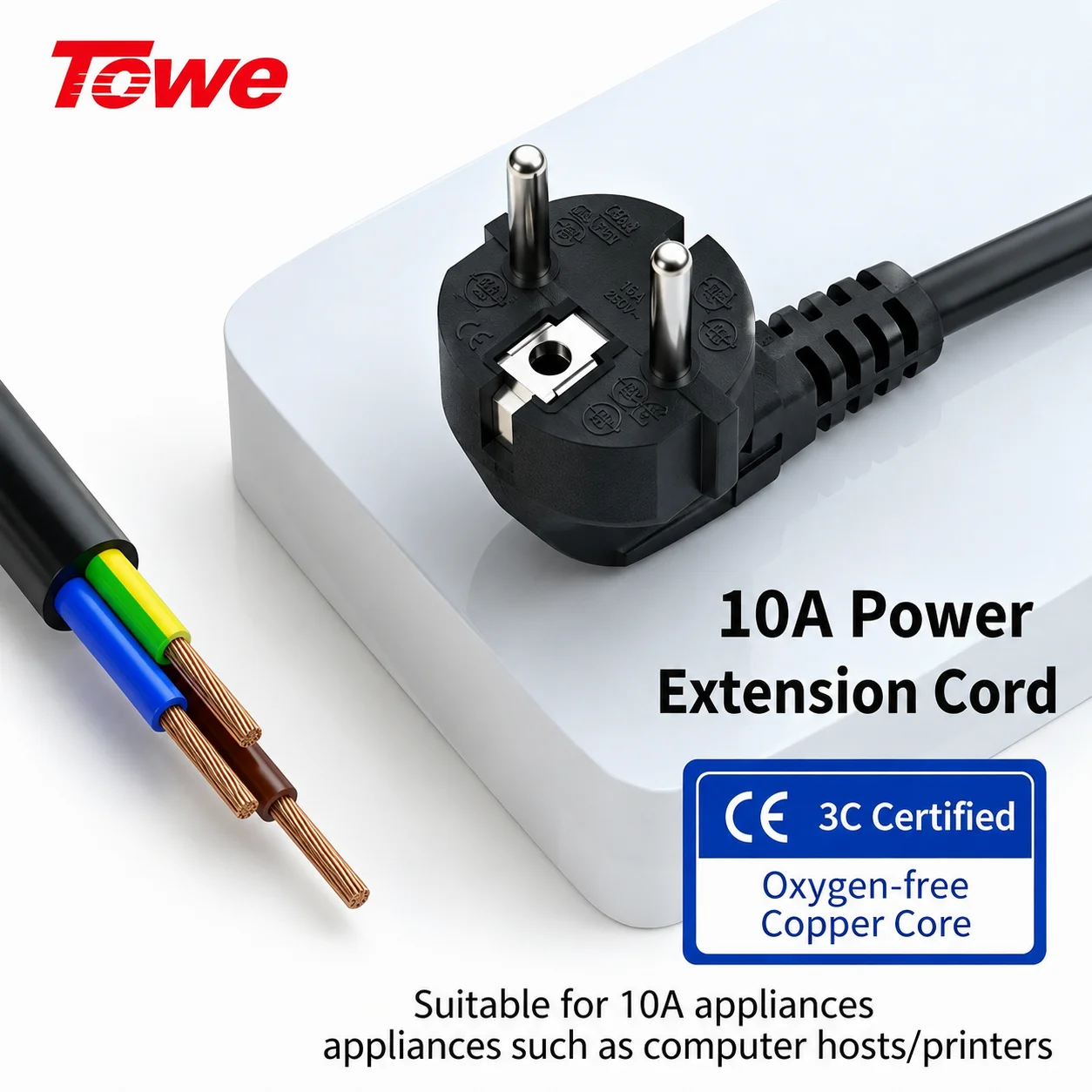 TOWE Pure Copper Power Cord 10A 16A 3 Core Plug Cable EU US UK AC Extension Lead Heavy Duty Electrical Wire for Appliance
