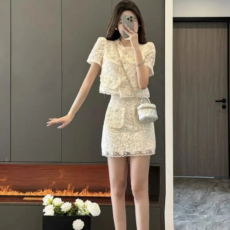 

Female Outfits Party Lightly Cooked Skirt Beach Kawaii Short Sleeve Women's Two Piece Set Luxury Designer Clothing Stylish Korea