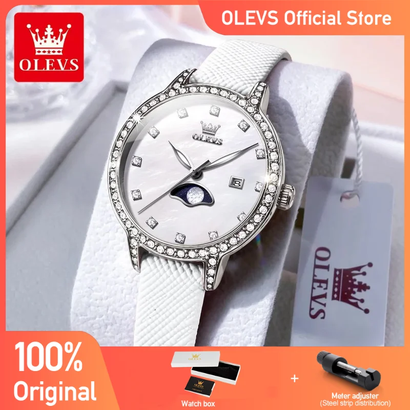 OLEVS Women's Watches Simplicity Elegant Original Female Wristwatch Comfortable Leather Strap Waterproof Luminous Moon Phase