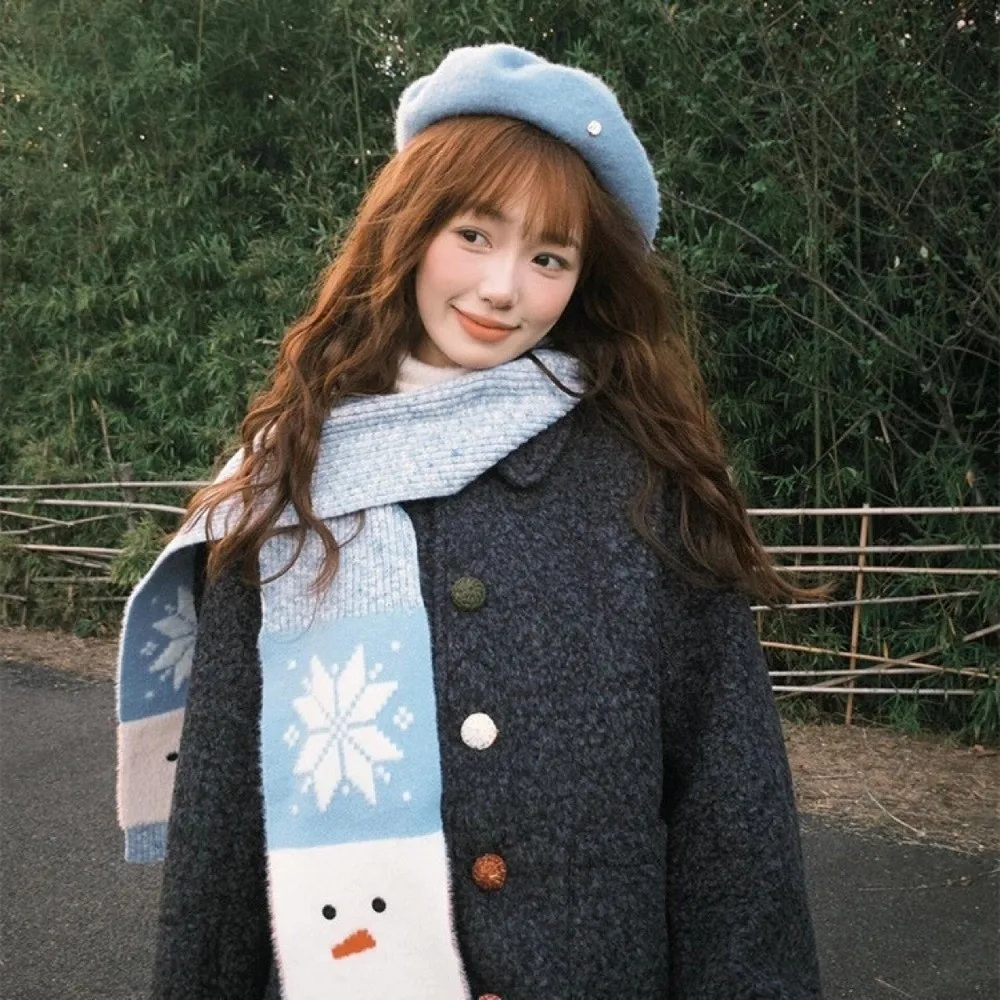 

Fashion Snowflake Snowman Pattern Scarf Korean Style Windproof Cashmere Blend Scarf Blue Warm Knitted Shawl Gift