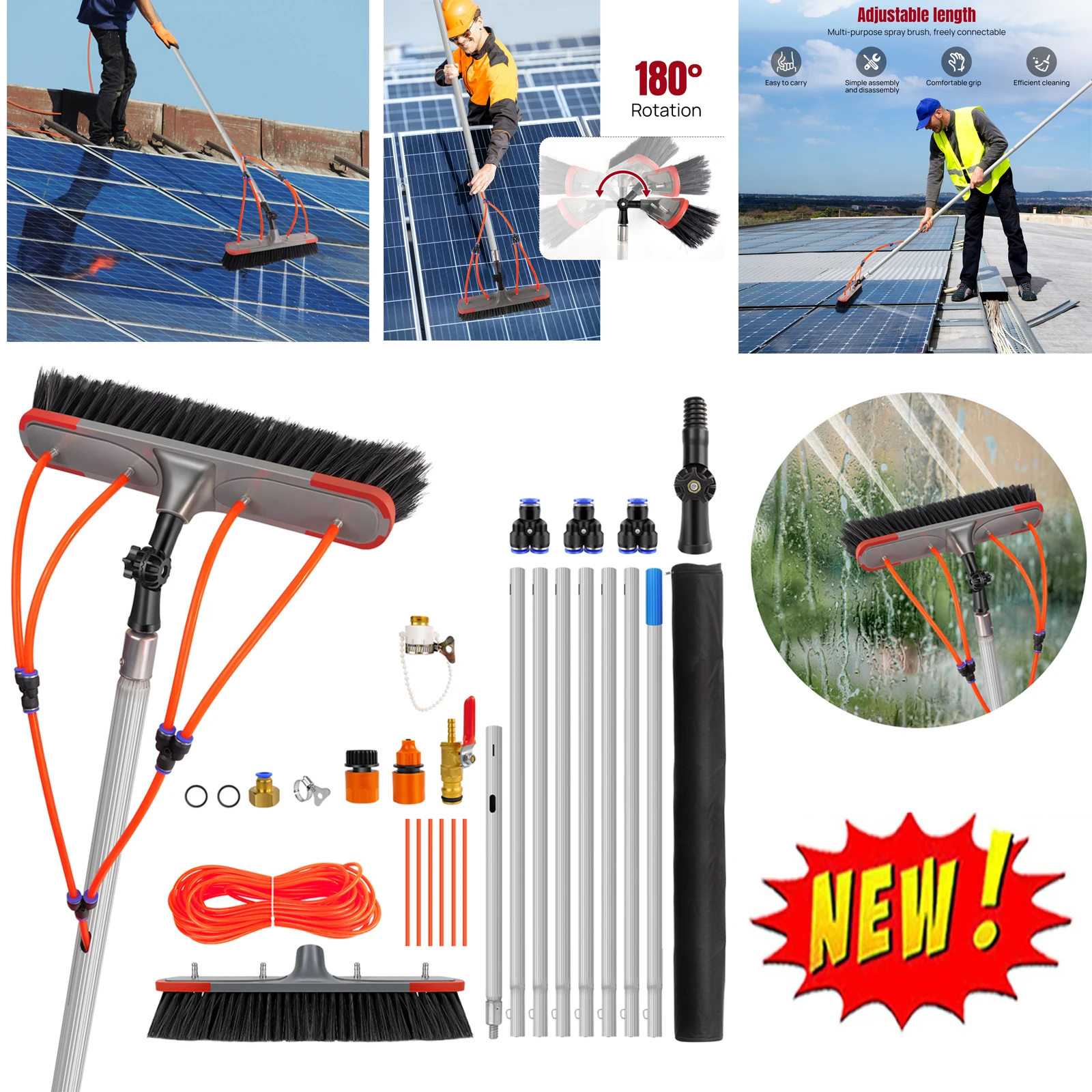 Kit de brosse de nettoyage télescopique pour fenêtres, tuyau d'arrosage de 7 mètres, brosse de nettoyage télescopique. Convient pour nettoyer les fenêtres, les panneaux solaires, les voitures, les