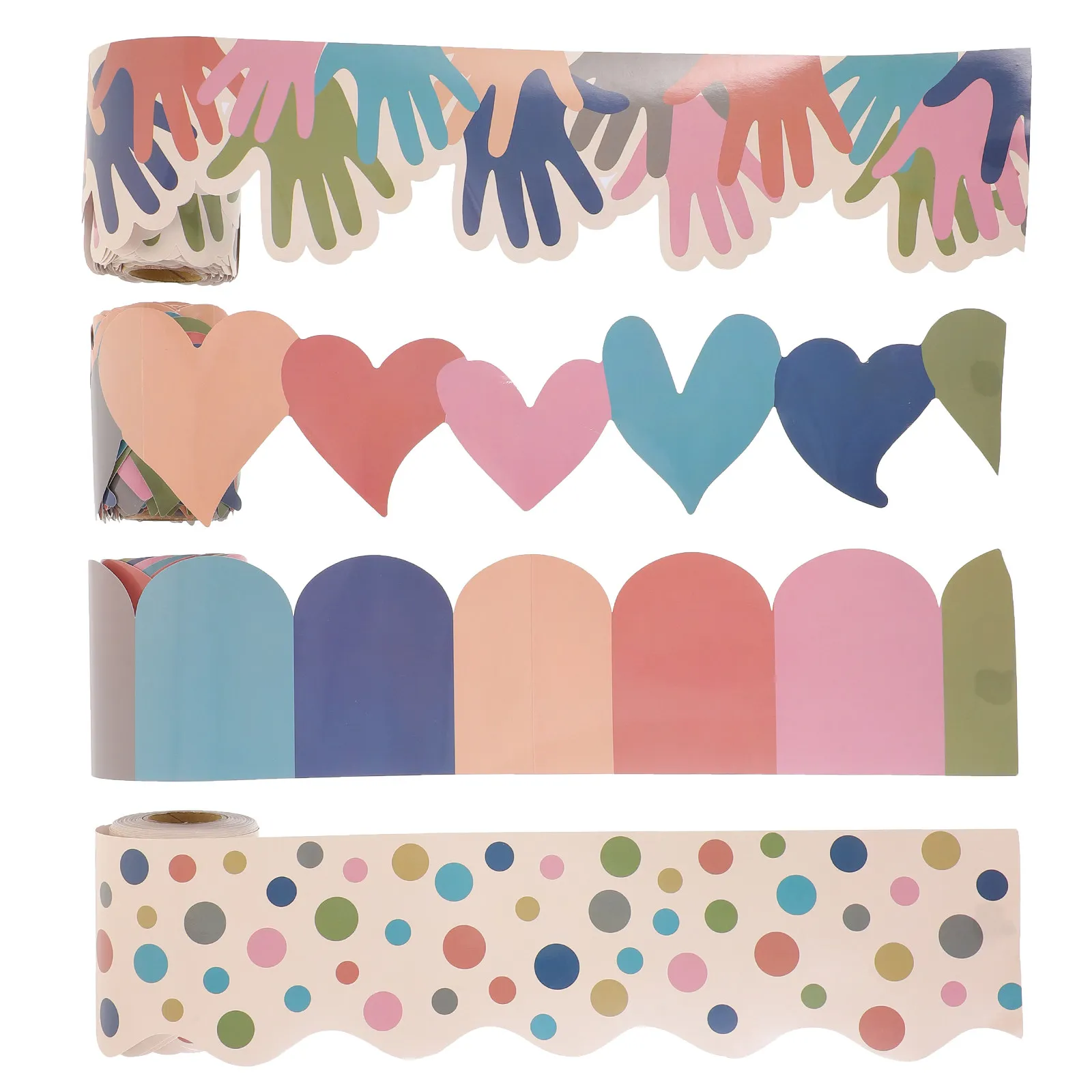 

4 рулона самоклеящихся наклеек с мультяшными рисунками для оформления досок объявлений, классных комнат, праздников и декораций.