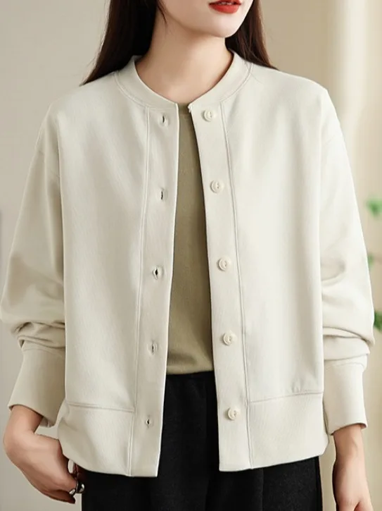 

Faionable Loose Long Sve Sweatirt Button up Stand Collar Color plus Size Women's Jaet Casual Autumn Wear