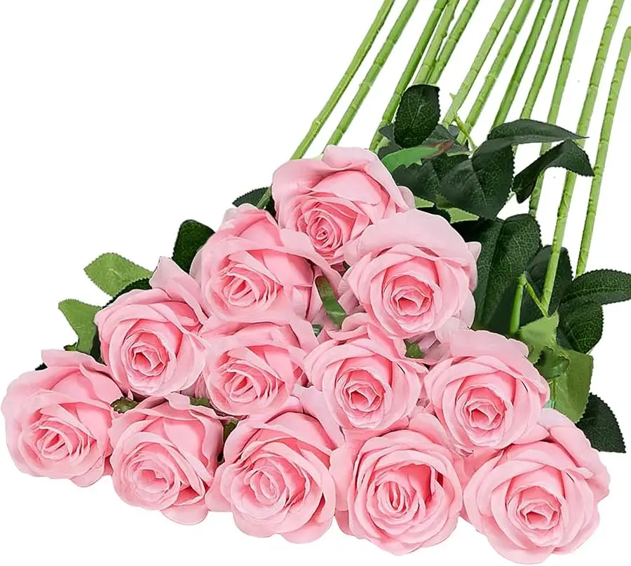

FLORRALIA 12PCS Artificial Silk Flowers Realistic Roses Bouquet Long Stem for Home Wedding Decoration Party (12pcs-Pink) 1