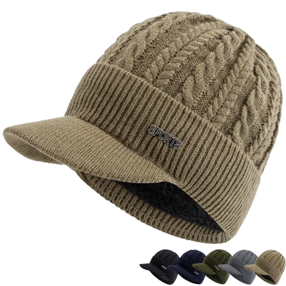 Heißer Verkauf Unisex Wintermütze mit Krempe, pelzgefütterte Beanie-Mütze, Sportetikett, gemütliche Strickmützen für Männer und Frauen