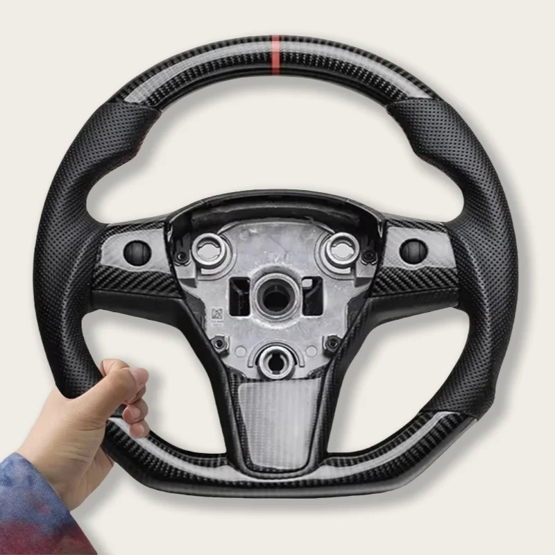 

Personalized Customization Black Bright Carbon Fiber Flat Bottom Steering Wheel Car Accessories for Tesla Model Y 3 2017-2023