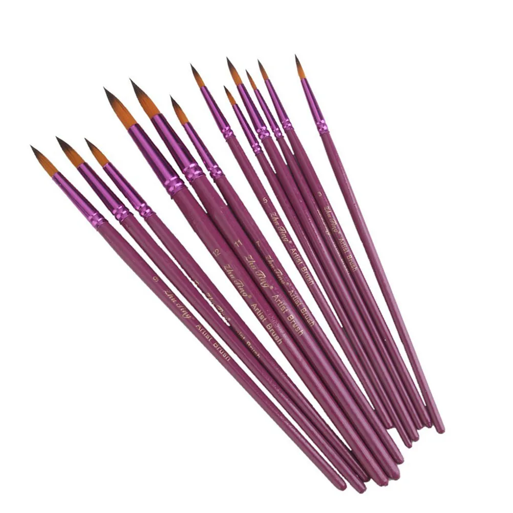 مجموعة فرش ذات طرف مدبب مستدير من شعر النايلون مكونة من 12 قطعة، مقبض خشبي ناعم أرجواني للزيت والأكريليك ولوحة ألوان مائية من القماش والورق والخشب