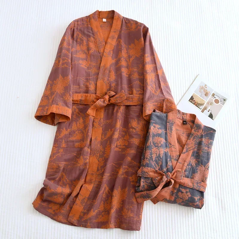 Women\'s Printed Cotton Loose Fitting Bathrobe Japanese Style Tie Up Kimono Bathrobe Sweat Steaming Cotton Pajamas Robes Women