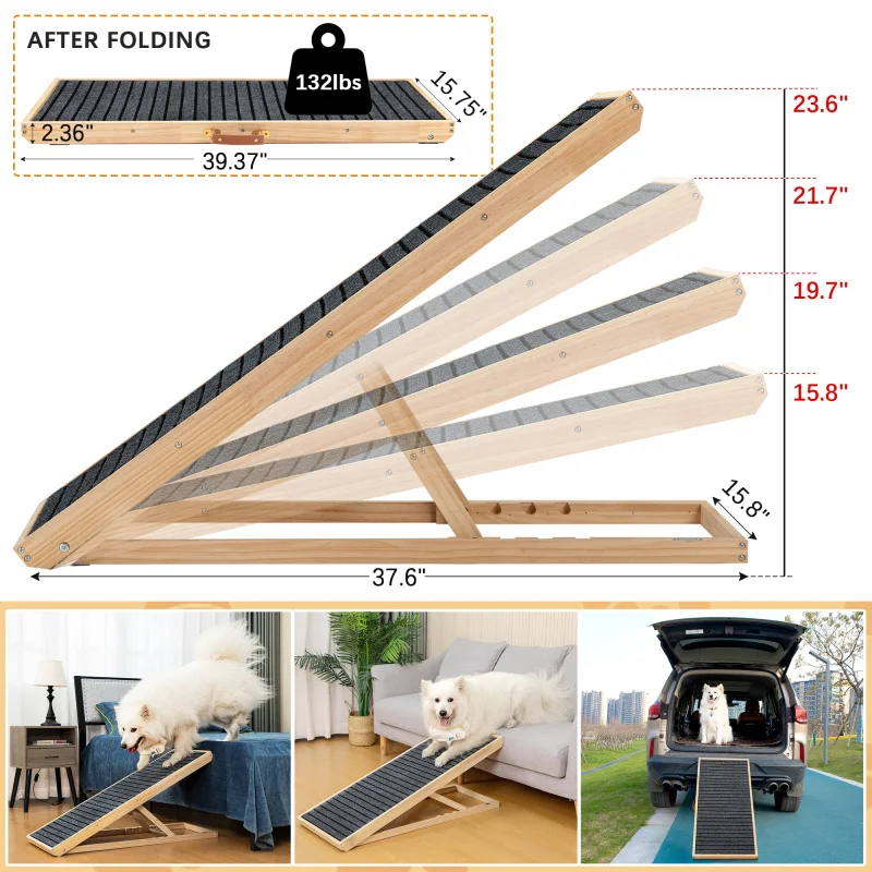 Long Wooden Pet Ramp, Folding Dog Cat Ramp with Height Adjustment From 15.8