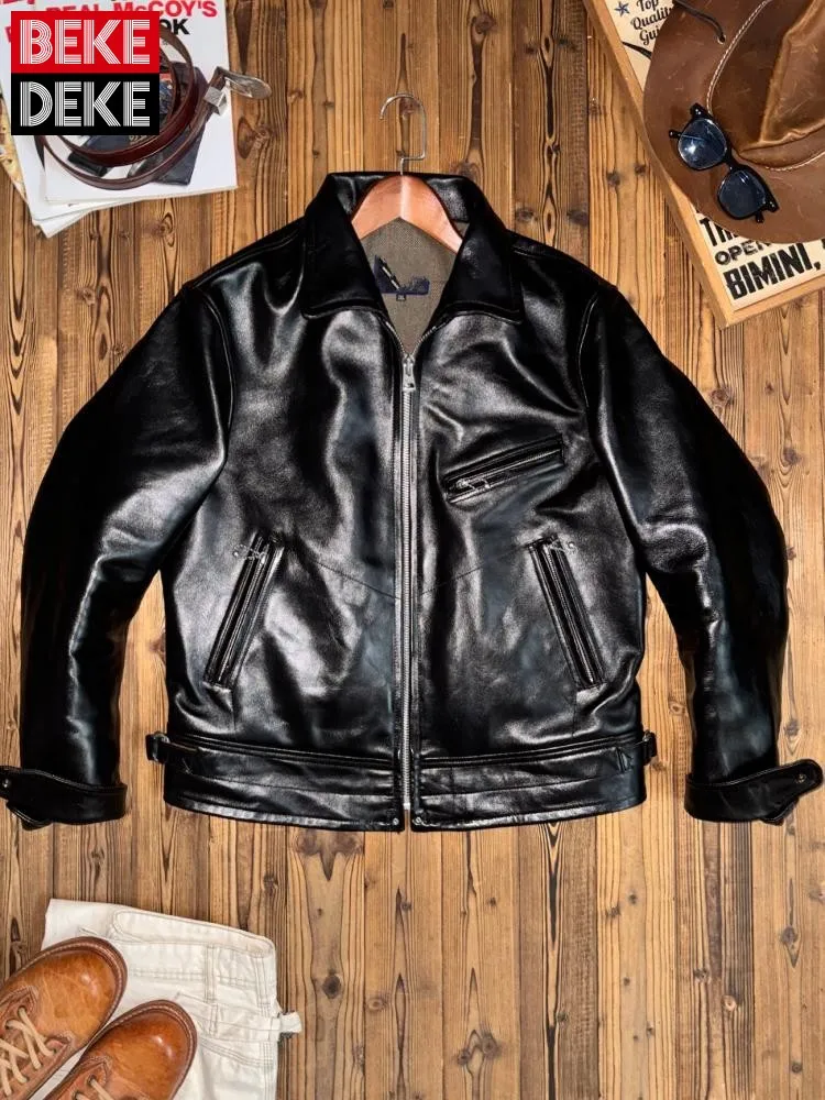 Retro Turn Down Collar Long Sleeves Genuine Leather Jacket Fashion Solid Color Zipper Male Loose Cowhide Outerwear
