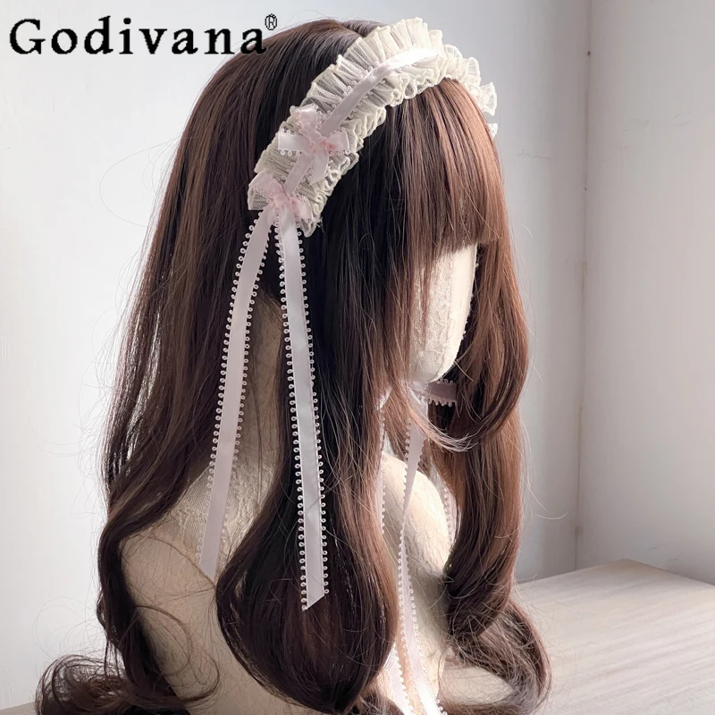 Шелковые розовые повязки на голову в стиле Лолиты для женщин, оригинальные повседневные кружевные головные уборы ручной работы для девочек, милые милые вечерние повязки на голову, аксессуары