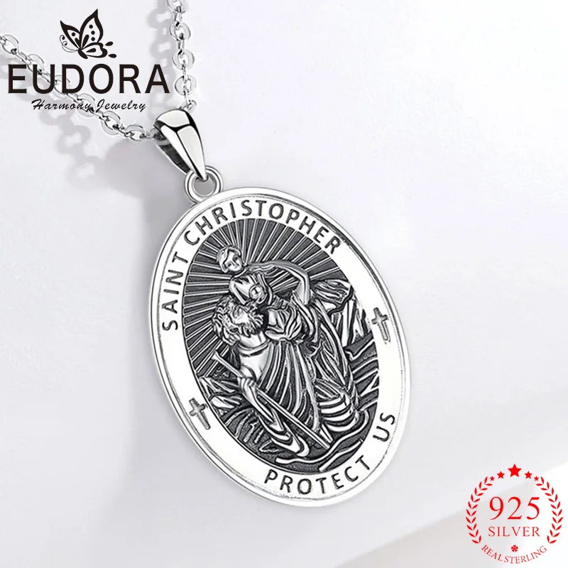 Eudora 925 Sterling Silver Saint Christopher Necklace Cross Catholic Vintage Pendant Amulet Men Women Personality Jewelry