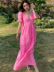 Korean Elegant Women Evening Dress Sweet Casual Hollow Sexy Deep V-Neck Maxi Party Club Gown Birthday Robe Femme Mujer Vestidos