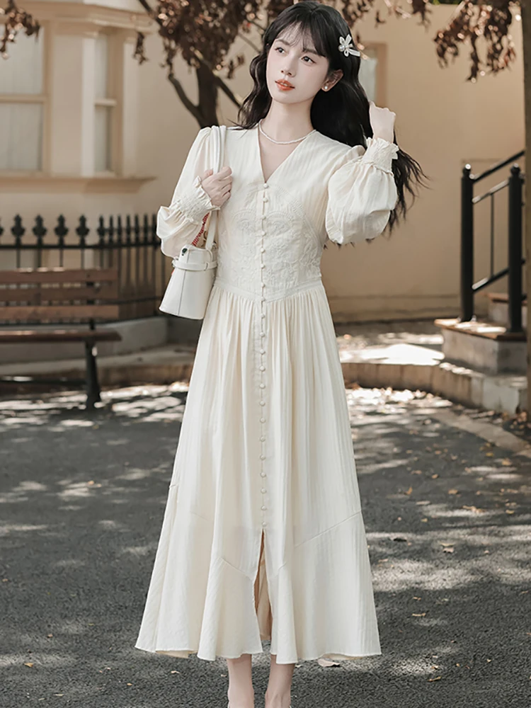 

2025 белое шикарное платье с длинным рукавом и v-образным вырезом с вышивкой, женское корейское элегантное роскошное платье, осенне-зимнее модное облегающее вечернее платье