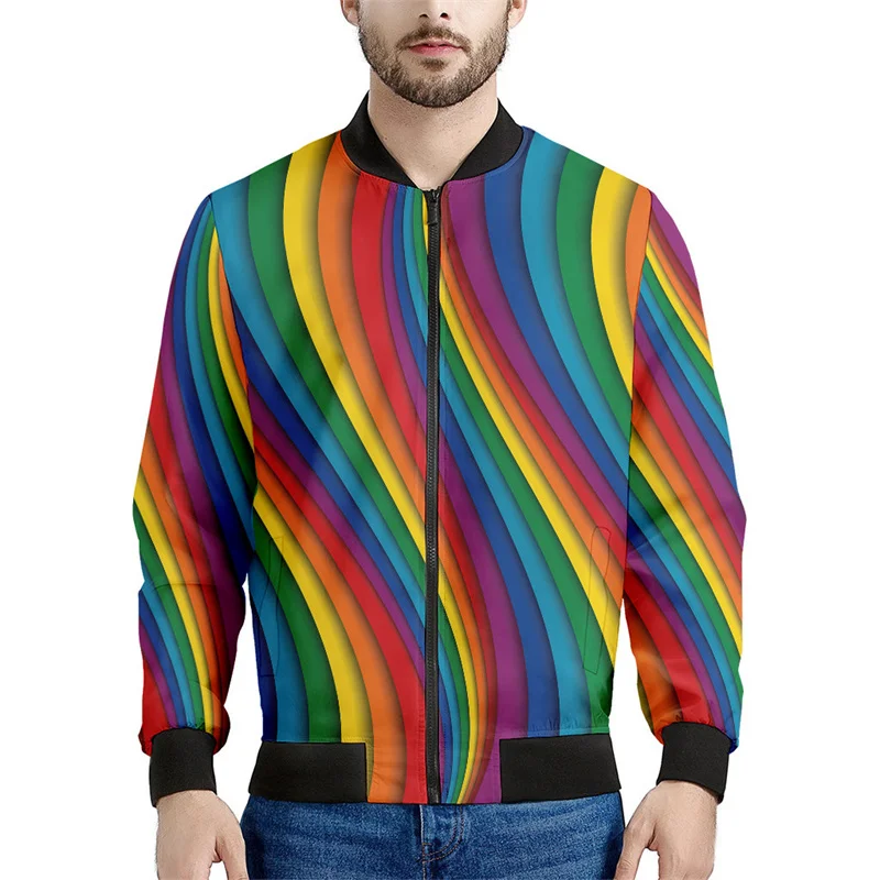 Colorful Geometric Pattern Zipper Jacket For Men Rainbow Stripes 3D Printed Long Sleeves Casual Loose Jackets Coat Streetwear