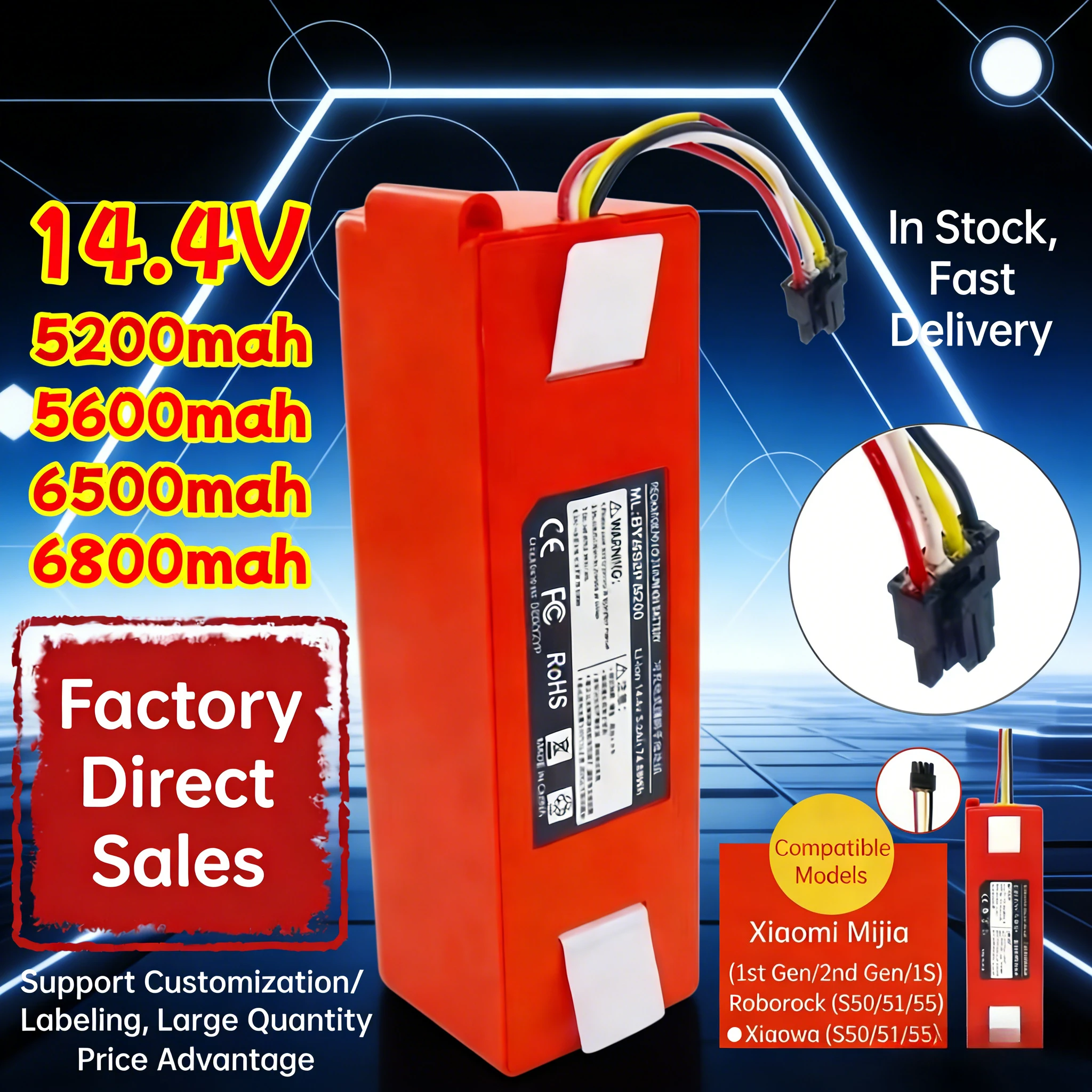 

Подходит для роботов-пылесосов Mijia первого и второго поколения, аккумулятор 14.4В, совместим с литиевым аккумулятором Xiaomi Xiaowa Stone.