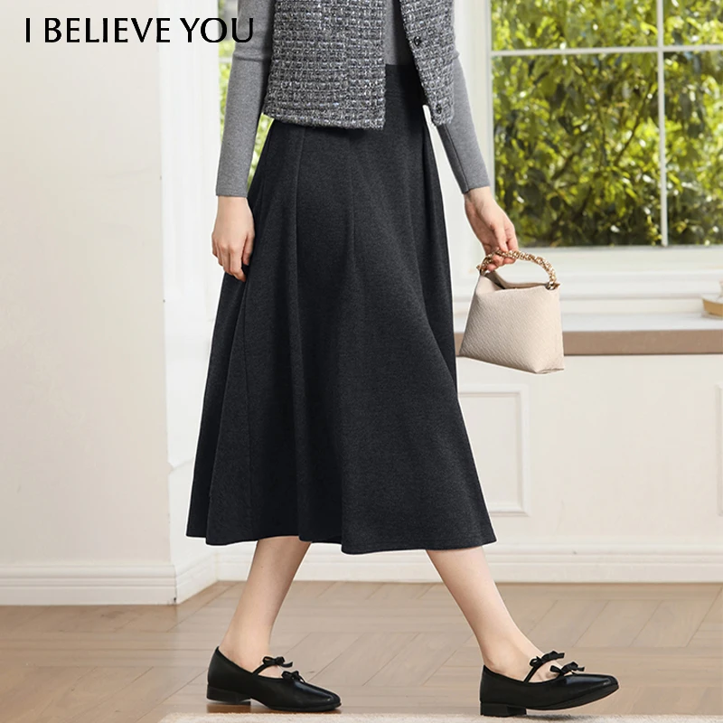 I BELIEVE YOU Dark Grey Wool Blend Knitted Midi Skirt 2026 Autumn High Waist A-Line Warm Comfortable Ladies Skirt 2263026443