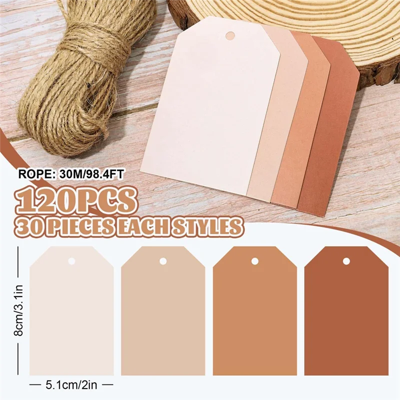 SR-120Pcs علامات هدايا تيراكوتا 4 ألوان صلبة متدرجة ملصقات معلقة مع حبل علامات ورقية فارغة ملونة كبيرة، سهلة التركيب Bro