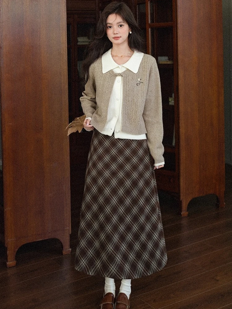 

ALXNAN клетчатые юбки на молнии с эластичной резинкой на талии, женская юбка трапециевидной формы с цветными блоками, осень-зима, универсальная длинная юбка для поездок на работу DYL662126