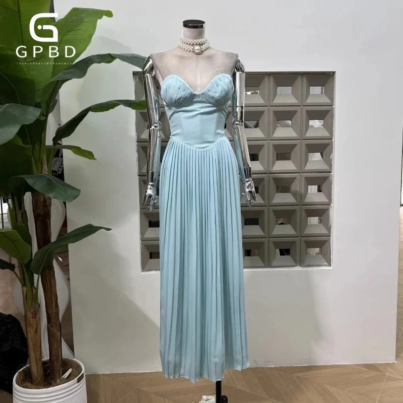 

Solid Spliced Folds Tunic Dress For Women Strapless Sleeveless Backless High Waist Temperament Dress Female Fashion Style