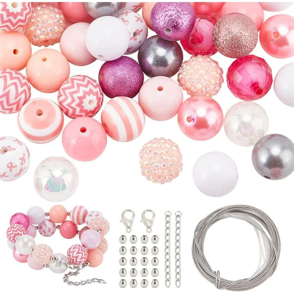 106pcs Breast Cancer Awareness Bead Kit for Bracelets 20mm Pink Chunk Beads Mixed Bubblegum Beads