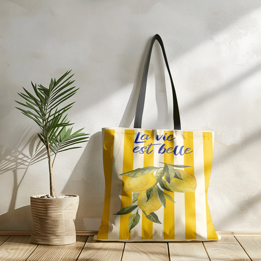 Lemon and Stripe Cartoon Tote Bag Reusable Durable Large Capacity Shopping Bags Vintage Comic Print Design Women's Travel Bags