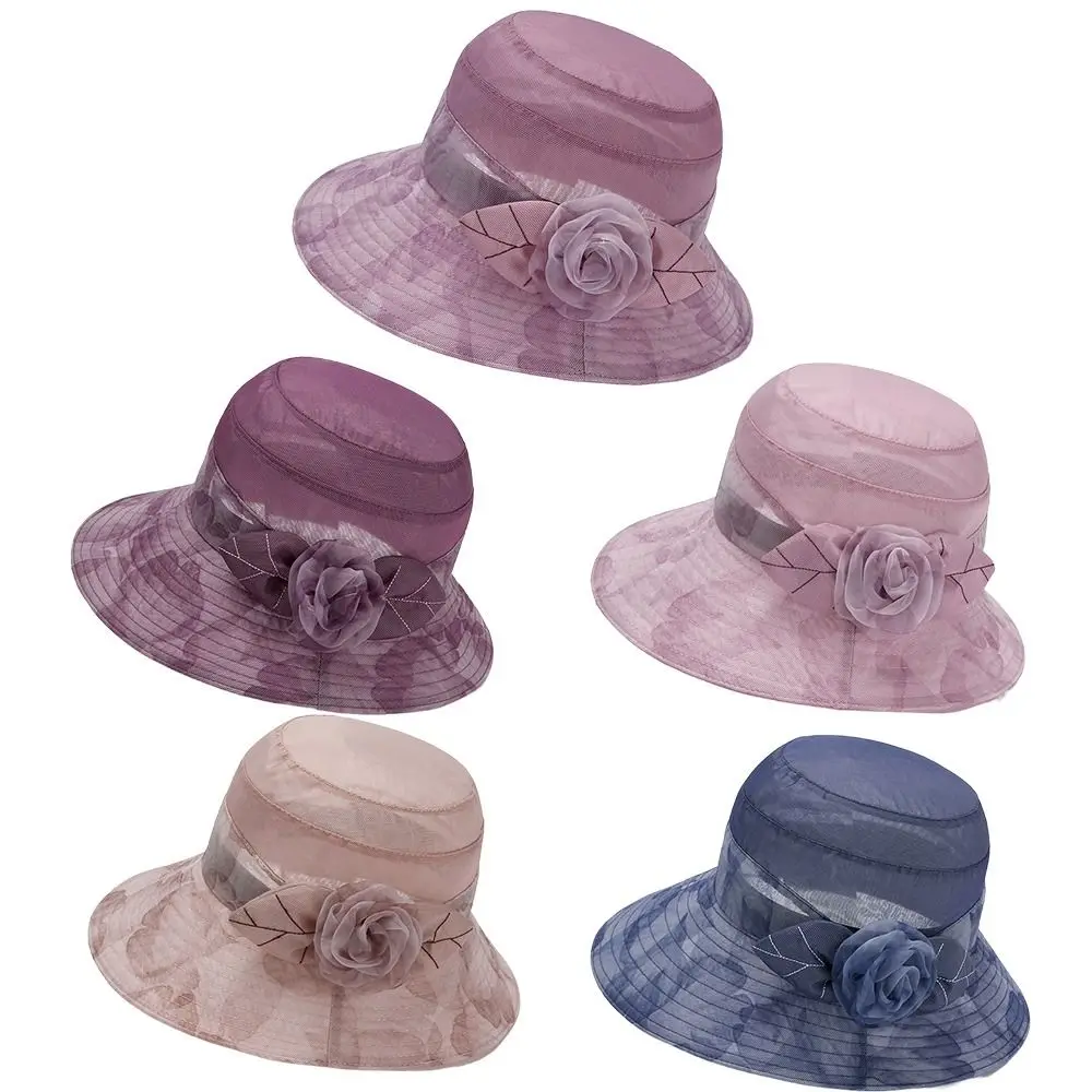 قبعة شمس أنيقة على شكل زهرة من الأورجانزا قابلة للتنفس في منتصف العمر قبعة صياد قابلة للطي بحافة واسعة وحوض رفيع