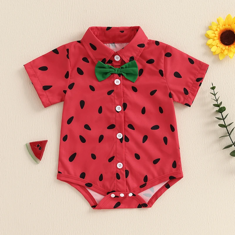 

Baby Boy Summer Romper Watermelon Print Button Down Turn Down Collar Short Sleeve Infant Shirt