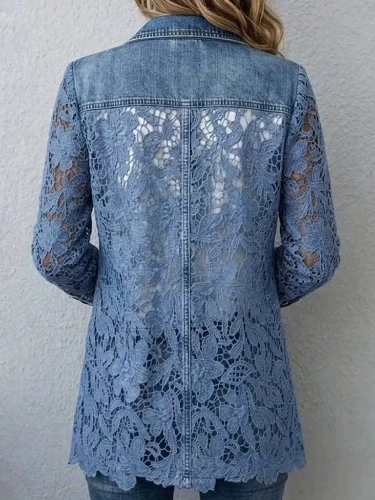 Damen Casual Patchwork-Jeansjacke mit Umlegekragen, Langarm-Spitzenhemd, Neuer Stil für Damen – Detail 4