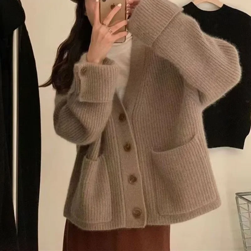 Koreanischer Stil V-Ausschnitt Pullover Damen Herbst und Winter neue einreihige lose All-Match einfarbige Strickjacke