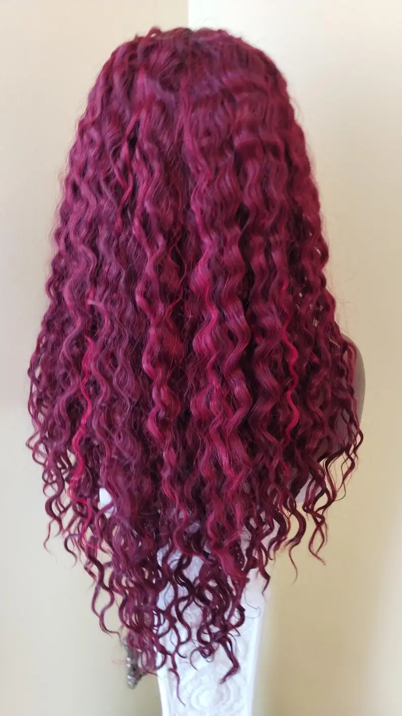 Parrucca anteriore in pizzo rosso bordeaux 99J 13x4 HD parrucca frontale allentata onda profonda parrucca riccia onda d'acqua senza colla pre pizzicata cosplay sintetico