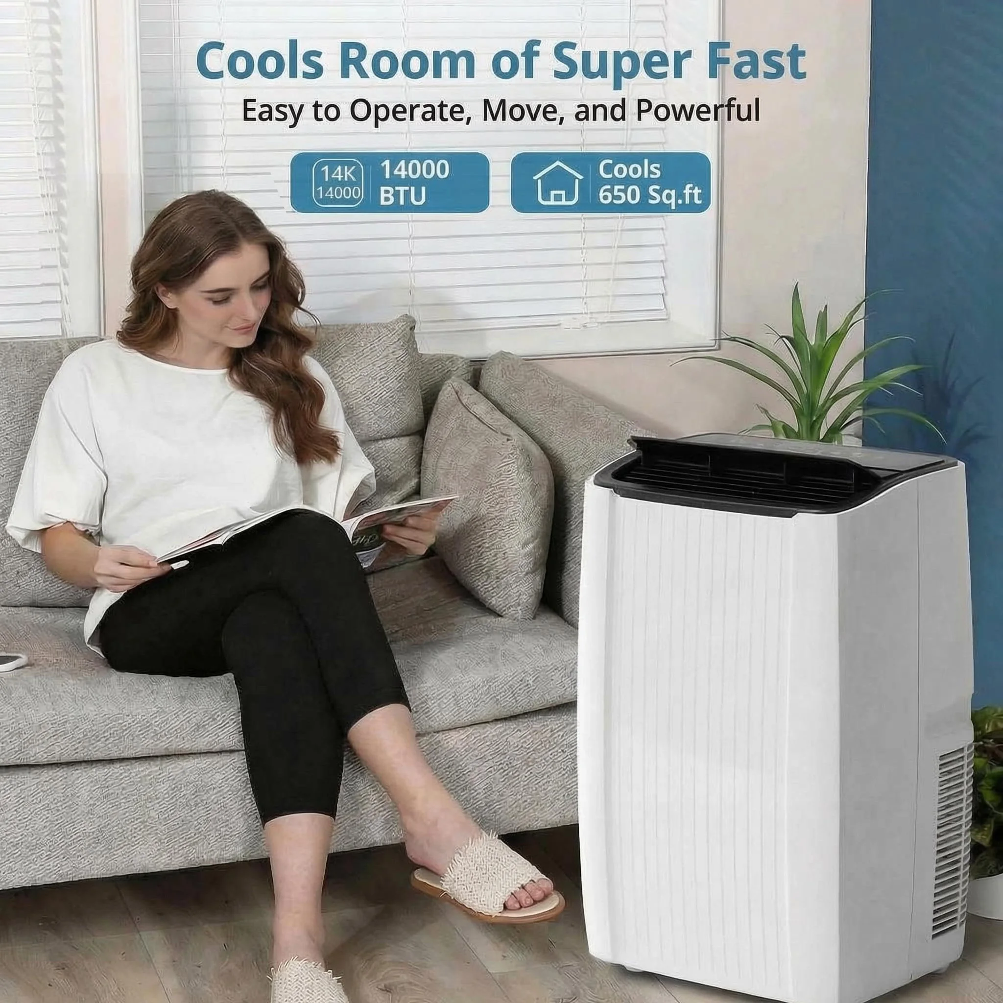 14000 BTU Portable Air Conditioner – 3-in-1 Cooling, Dehumidifier & Fan – Energy Efficient, Quiet, Remote, 24H Timer, Window Kit – For Rooms up to 750 Sq.Ft – Bedroom, Office, Apartment, Dorm