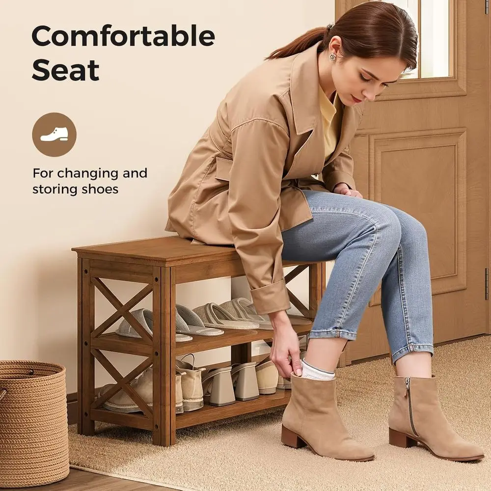 مقعد رف أحذية من الخيزران مكون من 3 طبقات، مساحة تخزين ريفية، بني X، 23.6 بوصة #4