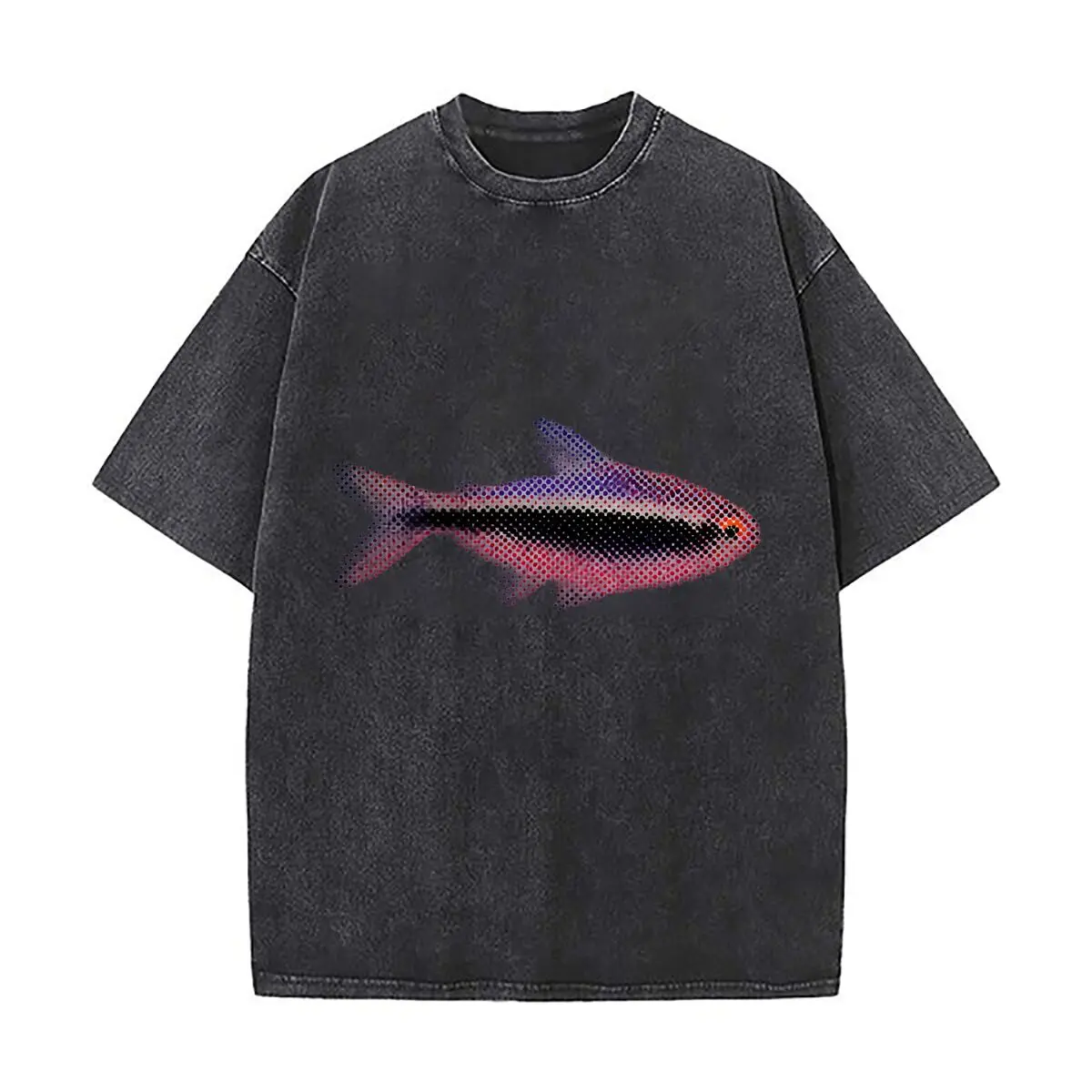 Neon Tetra Fish Halftone Dot Matrix Cyberpunk Graphic Washed Short Sleeve Loose Streetwear Tee Hip Hop